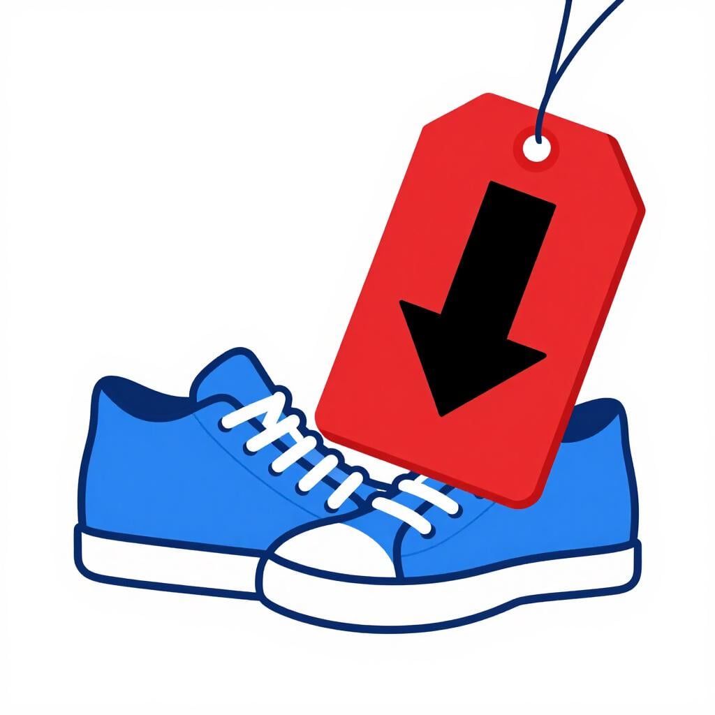 A bright red price tag with a downward pointing arrow next to a pair of shoes.