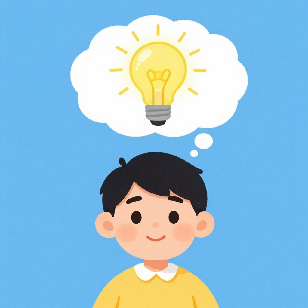 Uma pessoa pensativa com uma lâmpada acesa aparecendo suavemente em uma bolha de pensamento acima de sua cabeça.