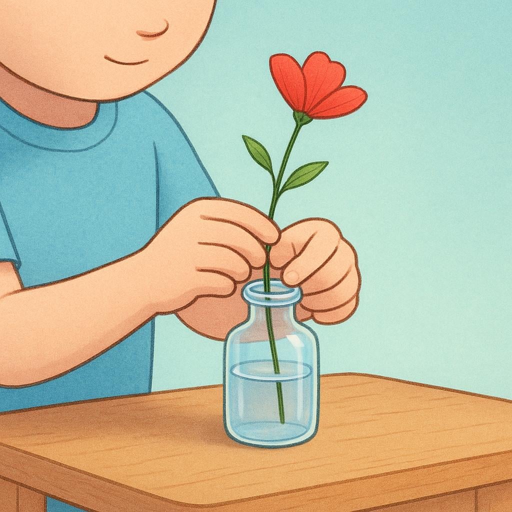 A close-up illustration of a small child carefully using both hands to gently place a single red flower into a small, clear glass vase, showing high concentration.
