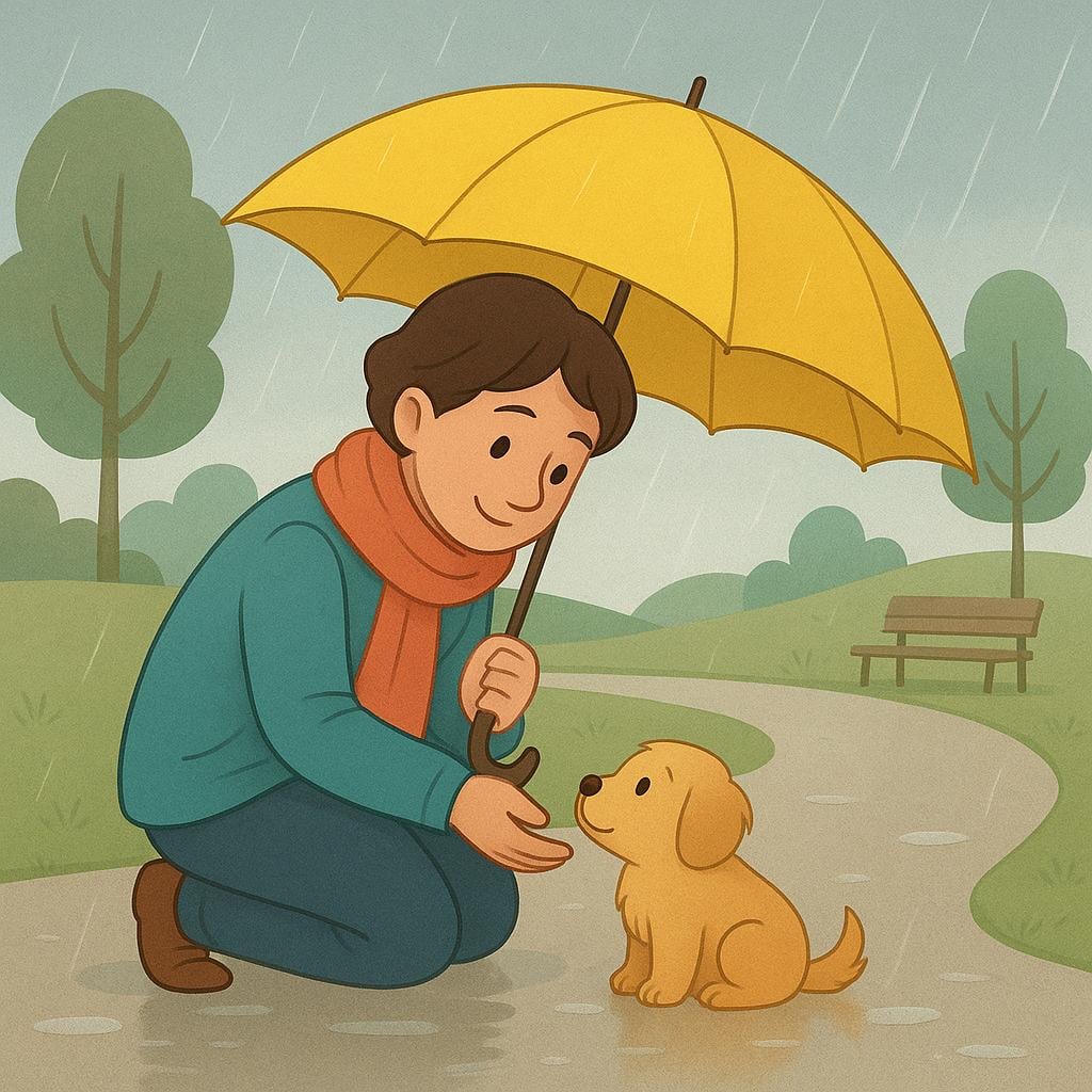 A person smiling and sharing a large, colorful umbrella with a small, wet puppy during a gentle rain shower.