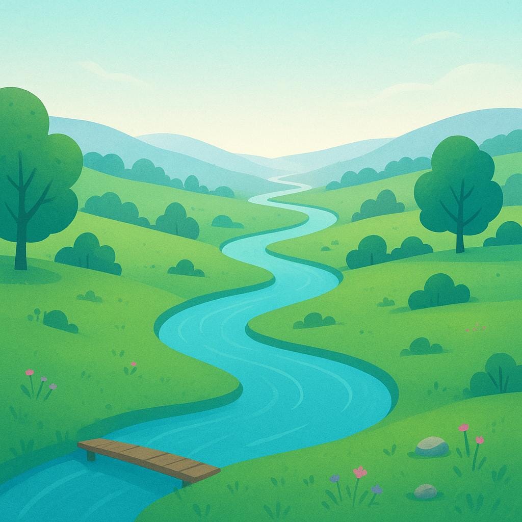 A deep, winding river flowing through a lush valley, disappearing into a distant, misty horizon, representing an extremely long, indefinite time.