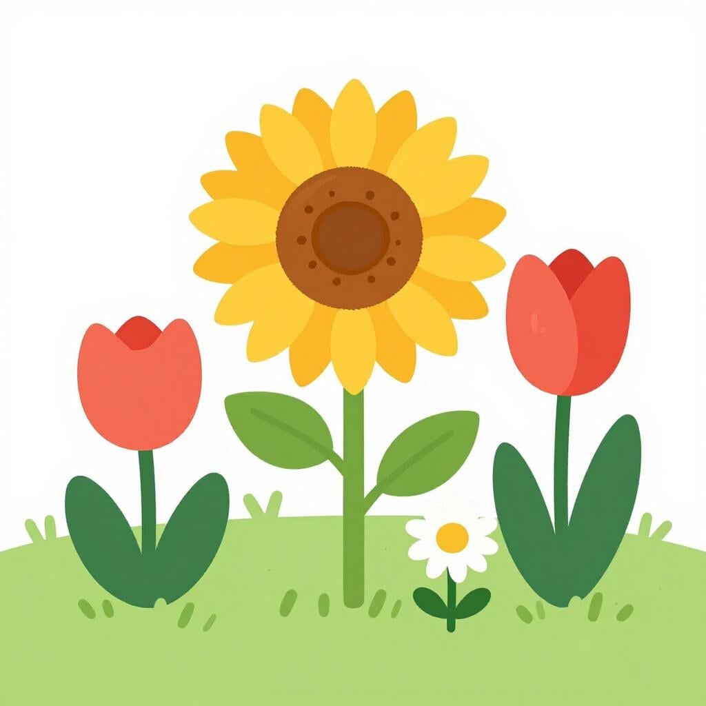 A collection of different types of flowers, such as a sunflower, a tulip, and a daisy, growing together in a vibrant garden.