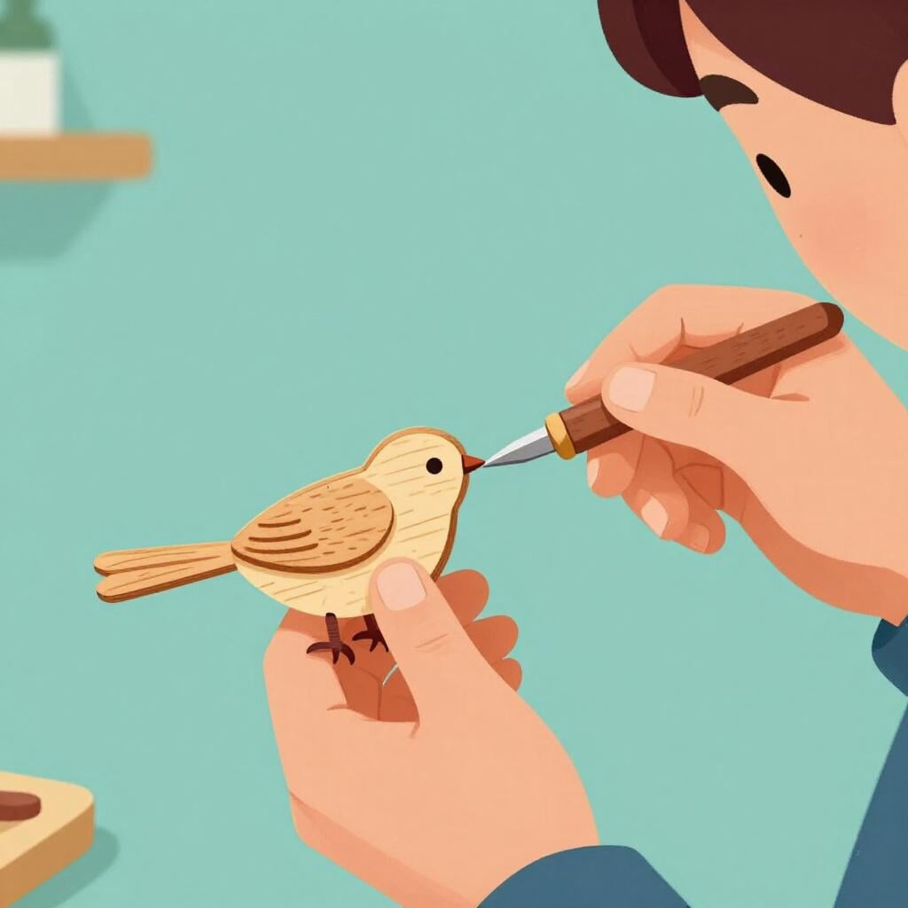 A skilled woodworker carefully carving a small wooden bird with precise tools.