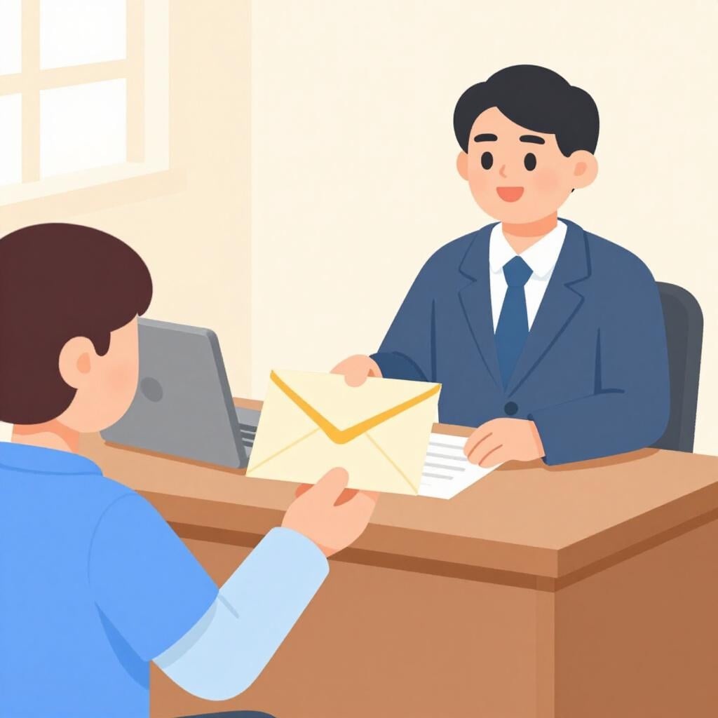 A person handing a small envelope to a friendly government worker at a desk.