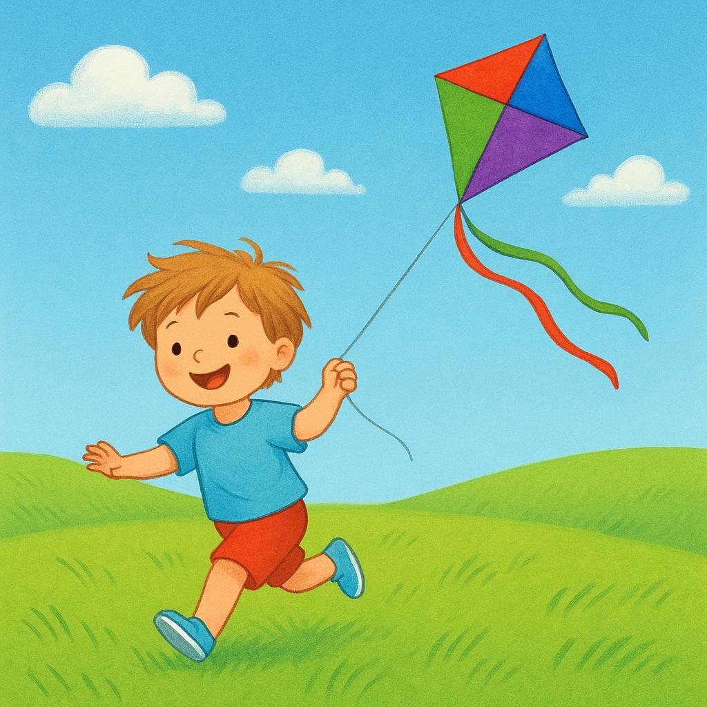 Une illustration simple et colorée montrant un jeune enfant courant joyeusement dans un champ vert tout en faisant voler un grand cerf-volant coloré.