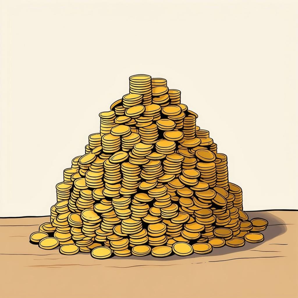 A large, colorful pile of various coins (gold, silver, and copper) representing small change or currency exchange.