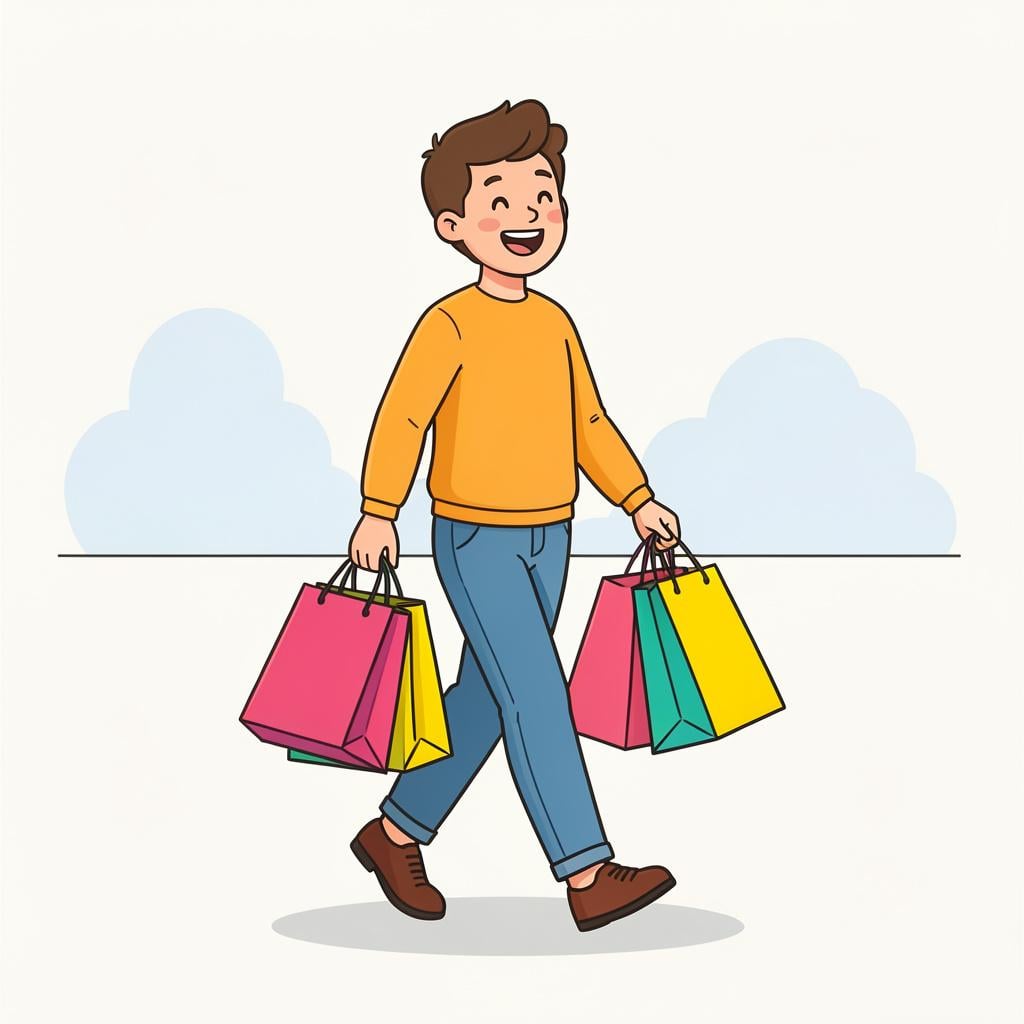 A person happily carrying many colorful shopping bags in both hands.