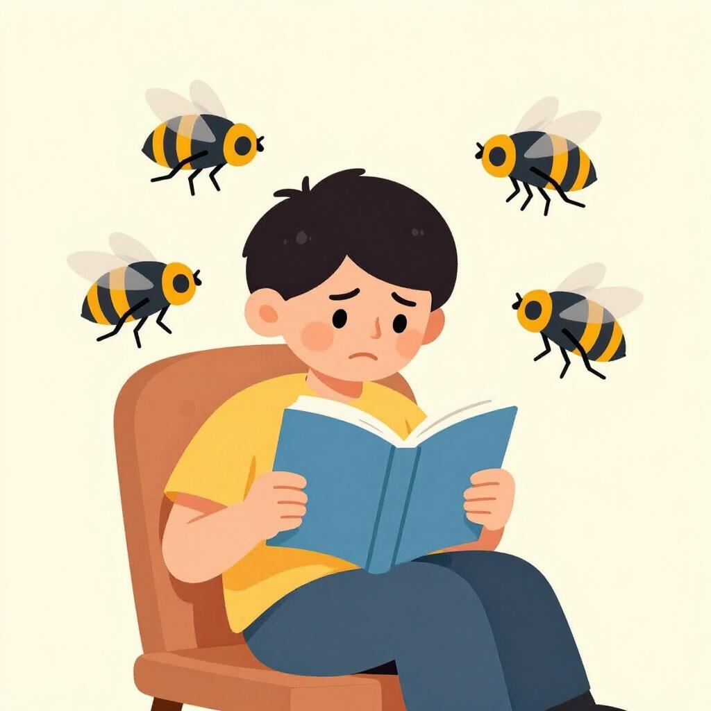 A person trying to read a book while several small, buzzing flies circle their head and shoulders.