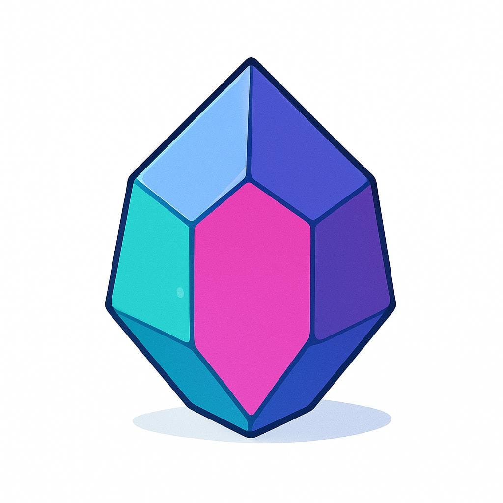 A single, stylized, brightly colored crystal-like geometric polyhedron resting on a white surface, clearly showing three distinct, flat facets or sides.