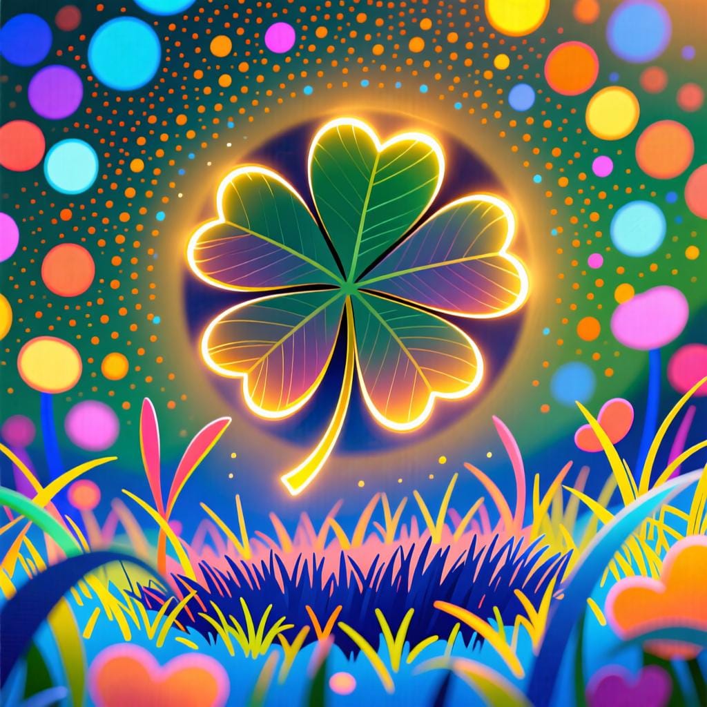 A vibrant illustration of a lucky charm, like a four-leaf clover, glowing brightly against a simple background.