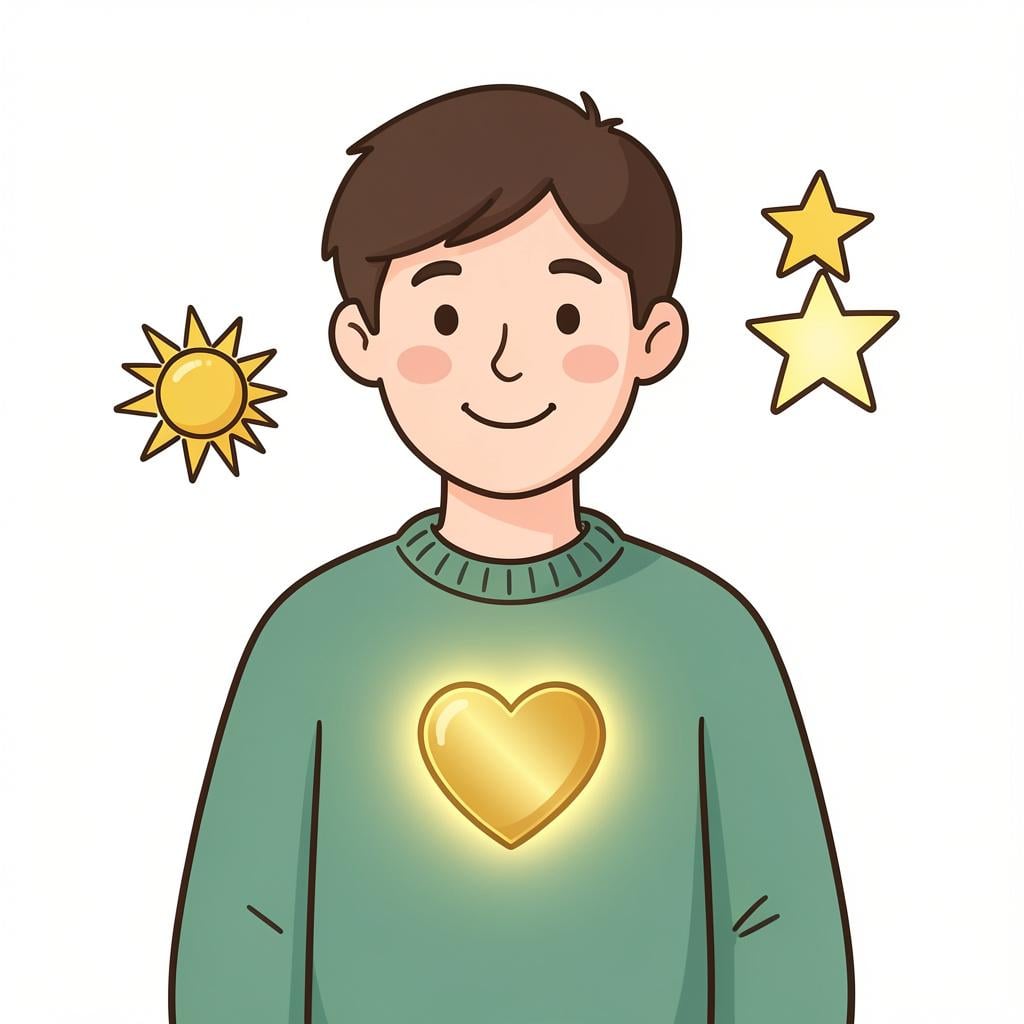 A friendly person with a glowing heart symbol on their chest, surrounded by icons of a sun and a star, representing positive traits.
