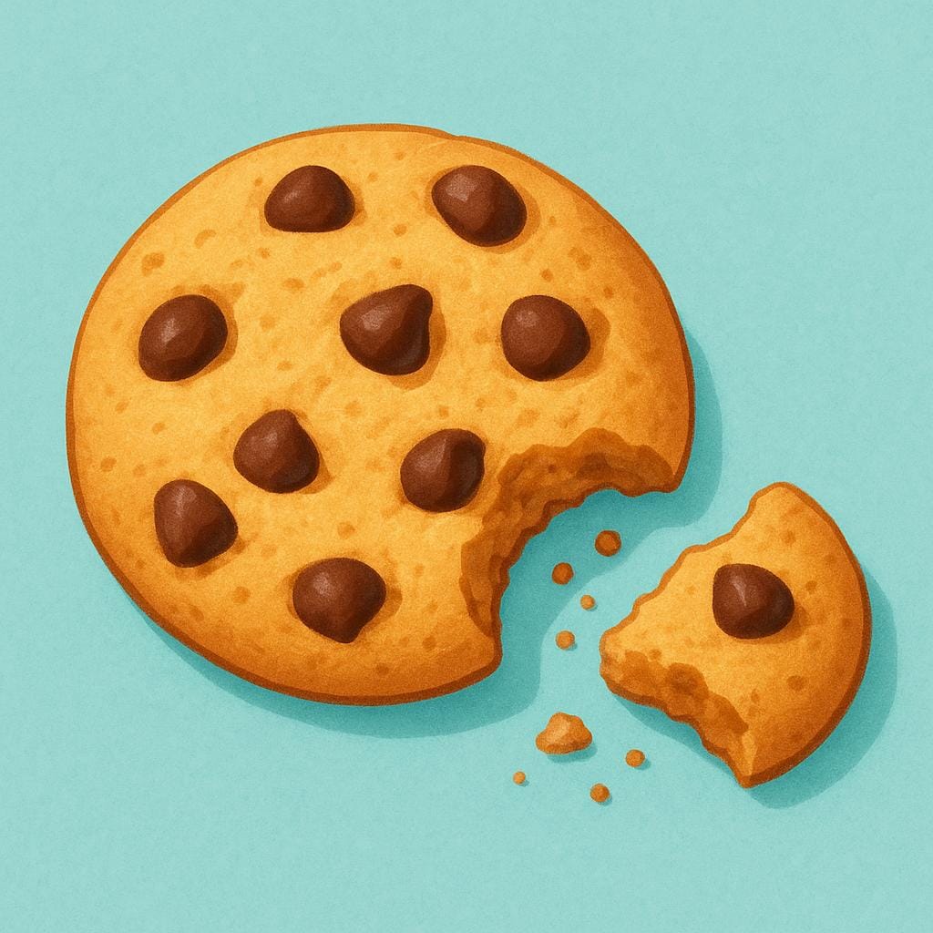 A large, circular brown cookie lying on a surface, with one small, jagged piece cleanly broken off and resting beside the main cookie.