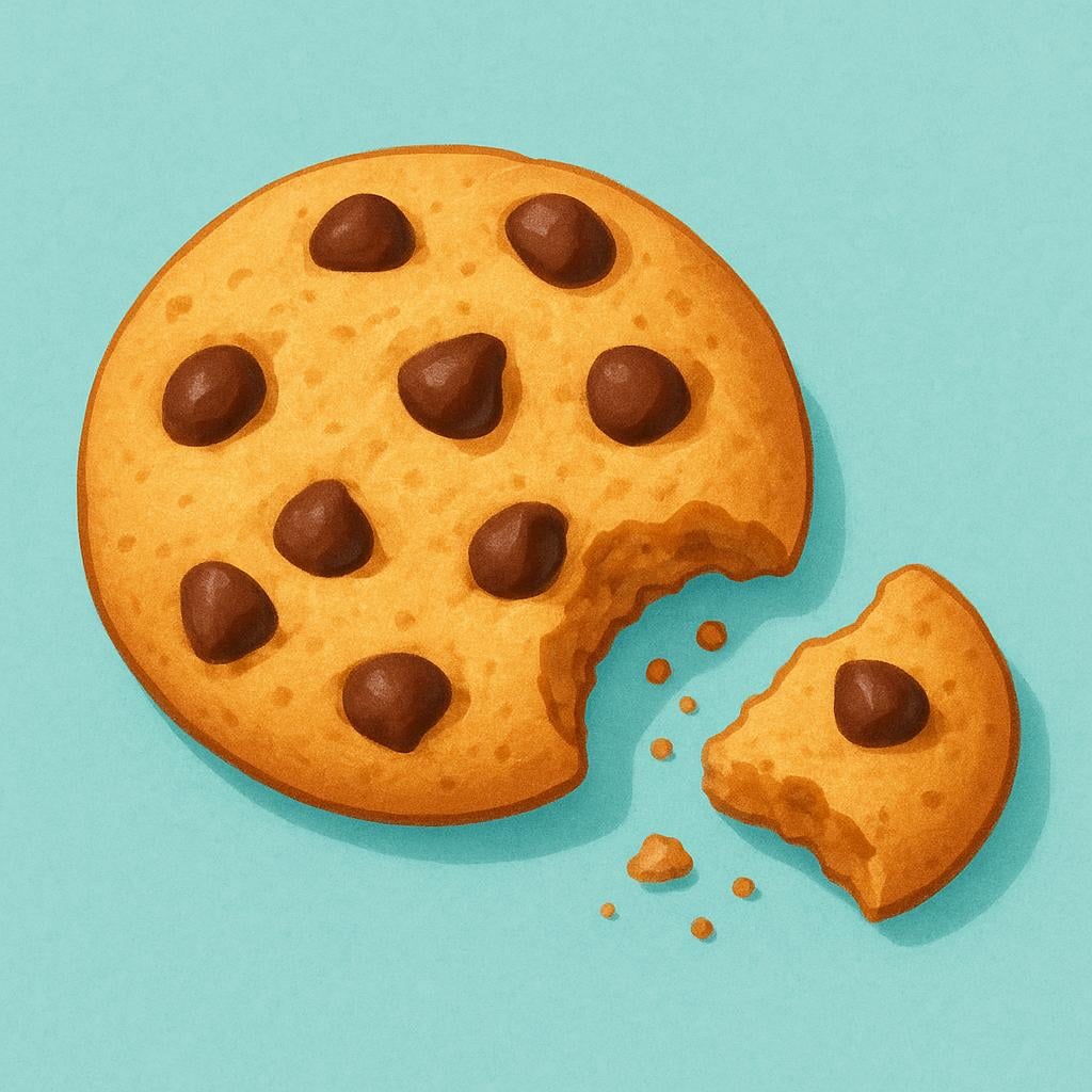 A large, circular brown cookie lying on a surface, with one small, jagged piece cleanly broken off and resting beside the main cookie.