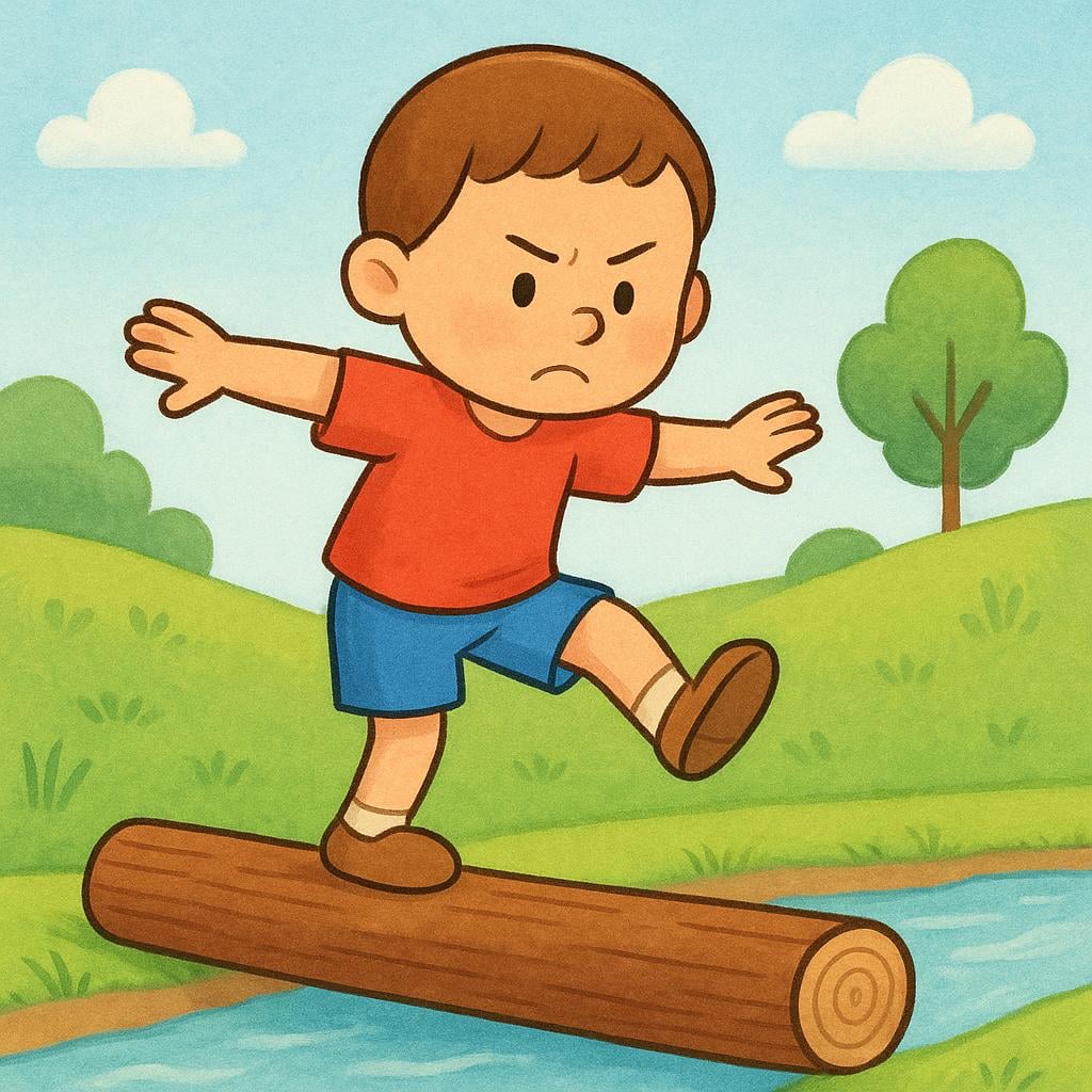 A focused cartoon human character standing on one foot on a log, arms outstretched, intensely trying to maintain balance.