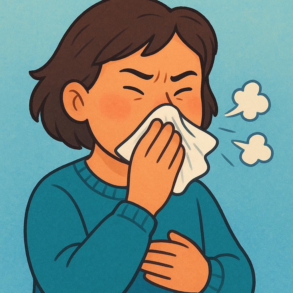 A simple illustration of a person holding a white tissue up to their nose, clearly blowing their nose.