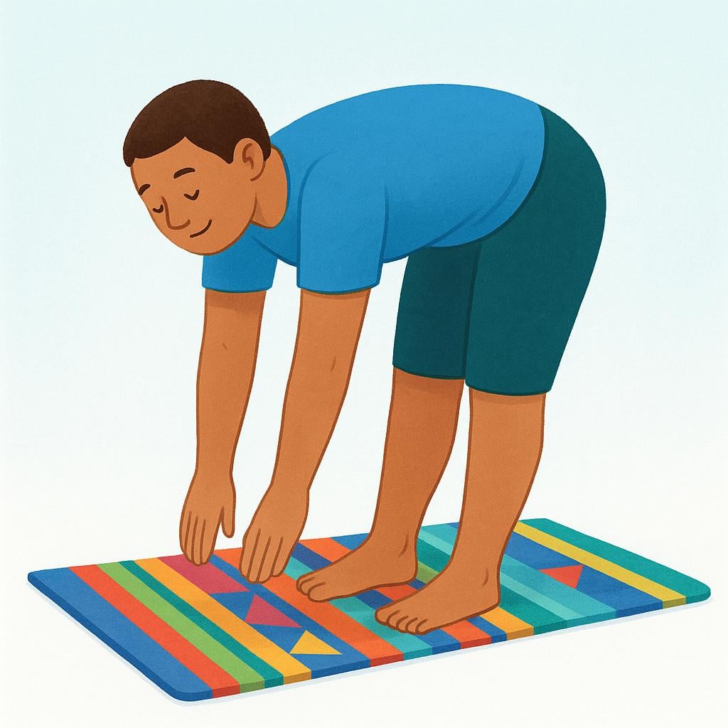 A cartoon person wearing simple athletic clothes performing a static toe-touch stretch on a colorful exercise mat.