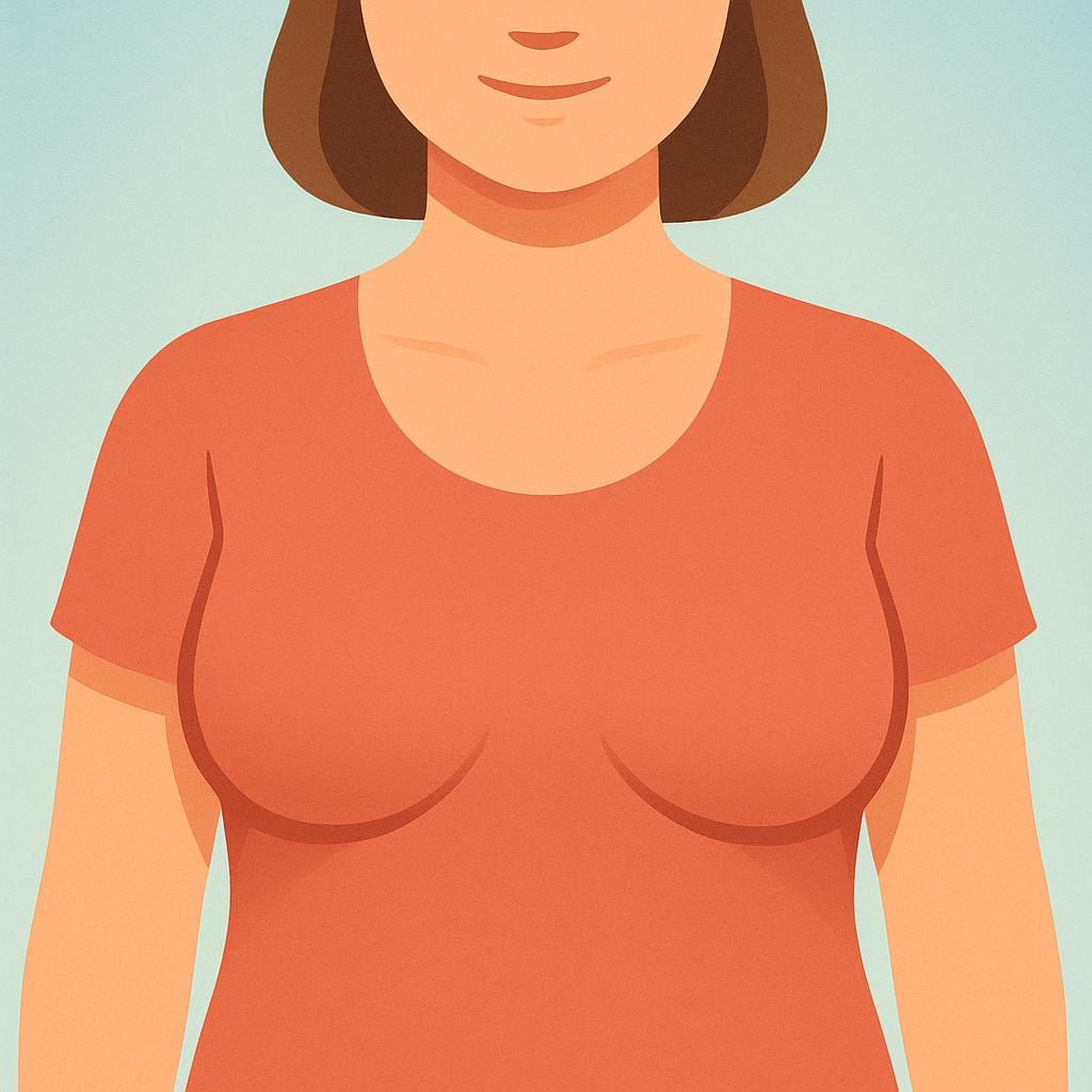 A simple illustration of the upper torso of a person, clearly depicting the rounded form of two breasts.