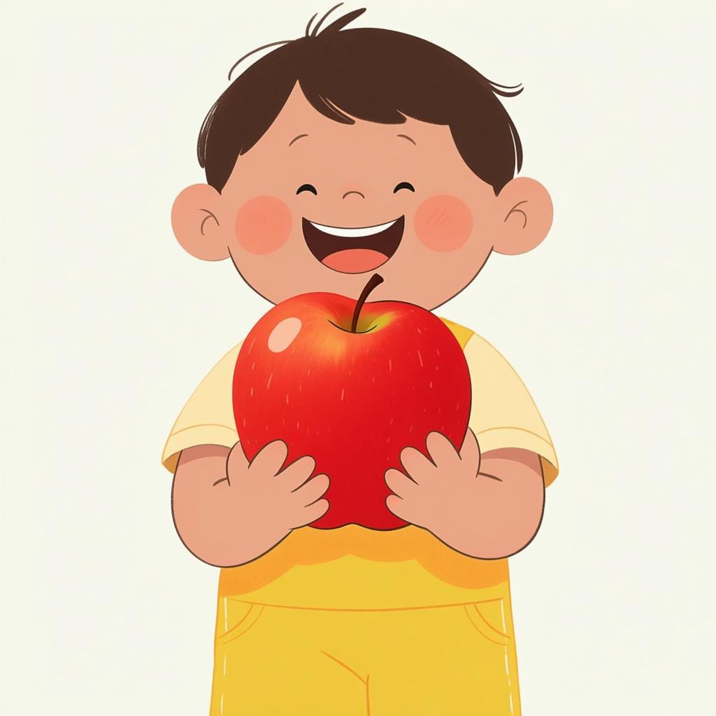 A smiling child holding a bright red apple, demonstrating past possession.