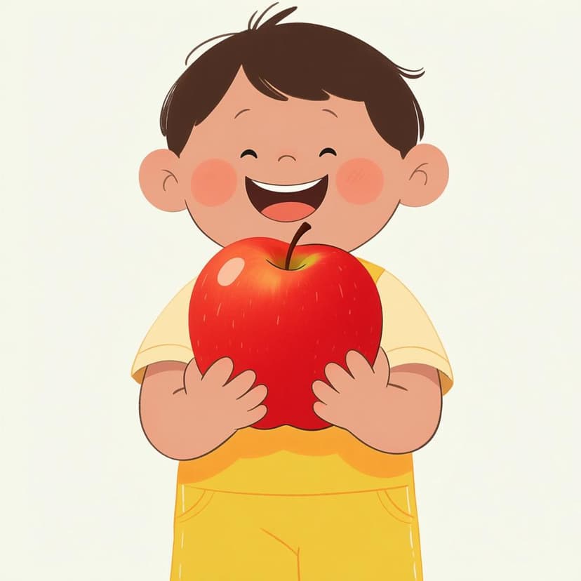 A smiling child holding a bright red apple, demonstrating past possession.