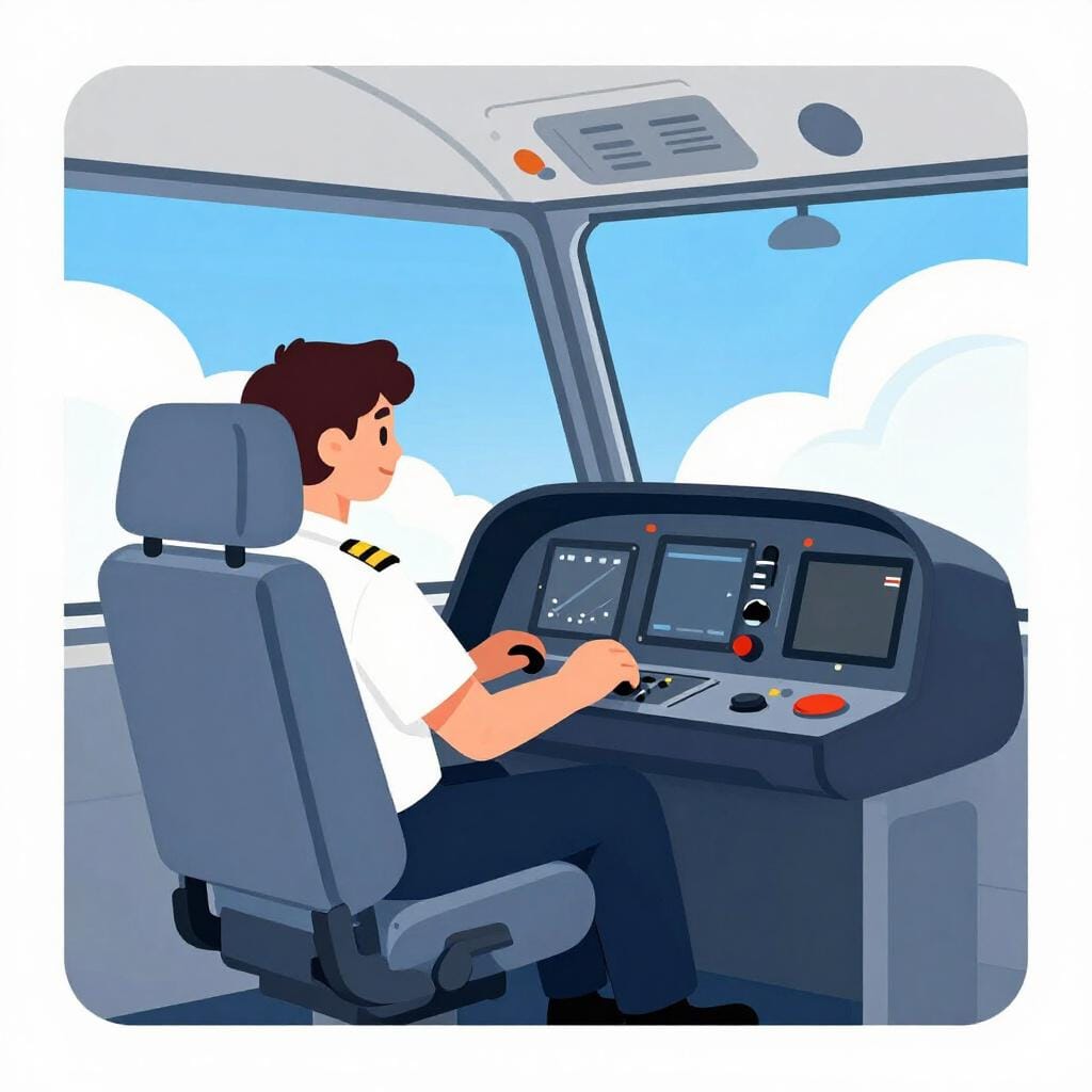 A pilot sitting in a cockpit training module with screens showing a blue sky.