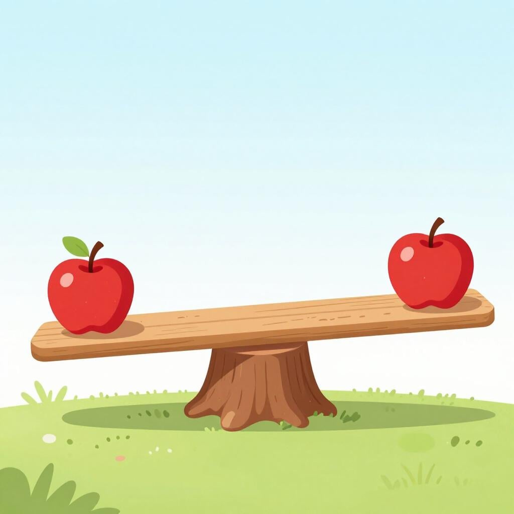 A simple wooden plank balanced perfectly on a small log with a red apple on each end.