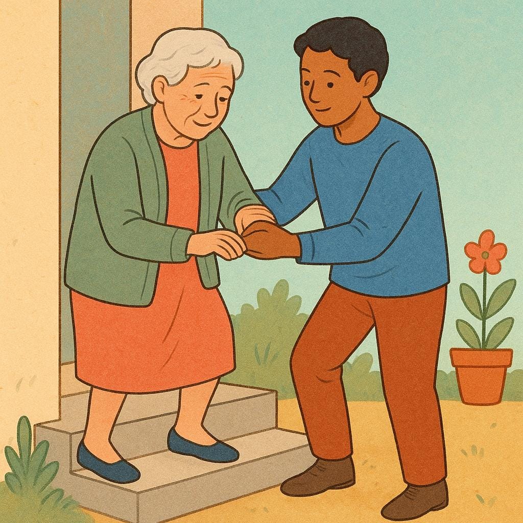 Uma ilustração de alta qualidade retratando uma pessoa mais jovem apoiando gentilmente o braço de uma pessoa mais velha, ajudando-a a subir um pequeno degrau ou meio-fio.
