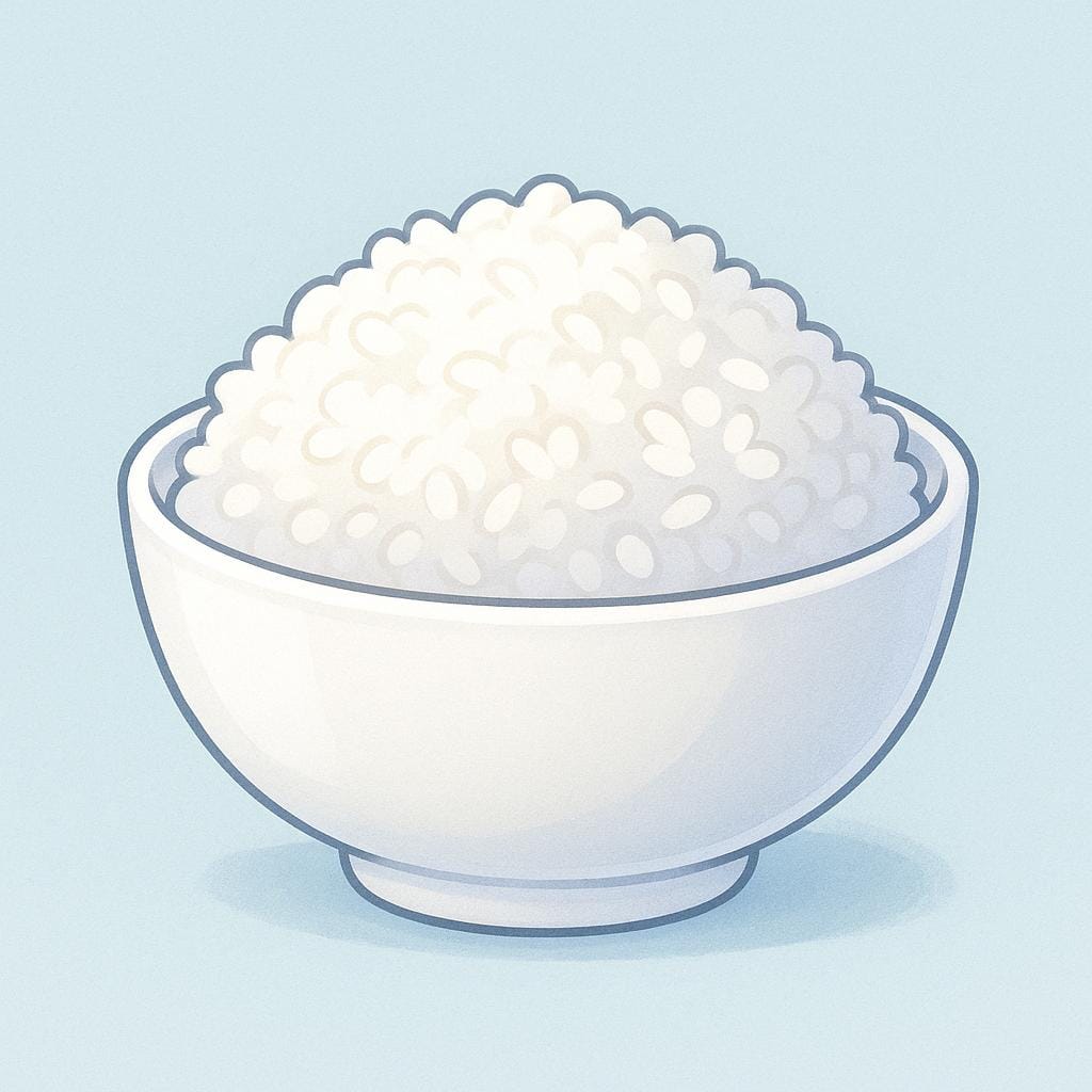 A simple white ceramic bowl filled to the brim with fluffy, white cooked rice, centered on a soft background.