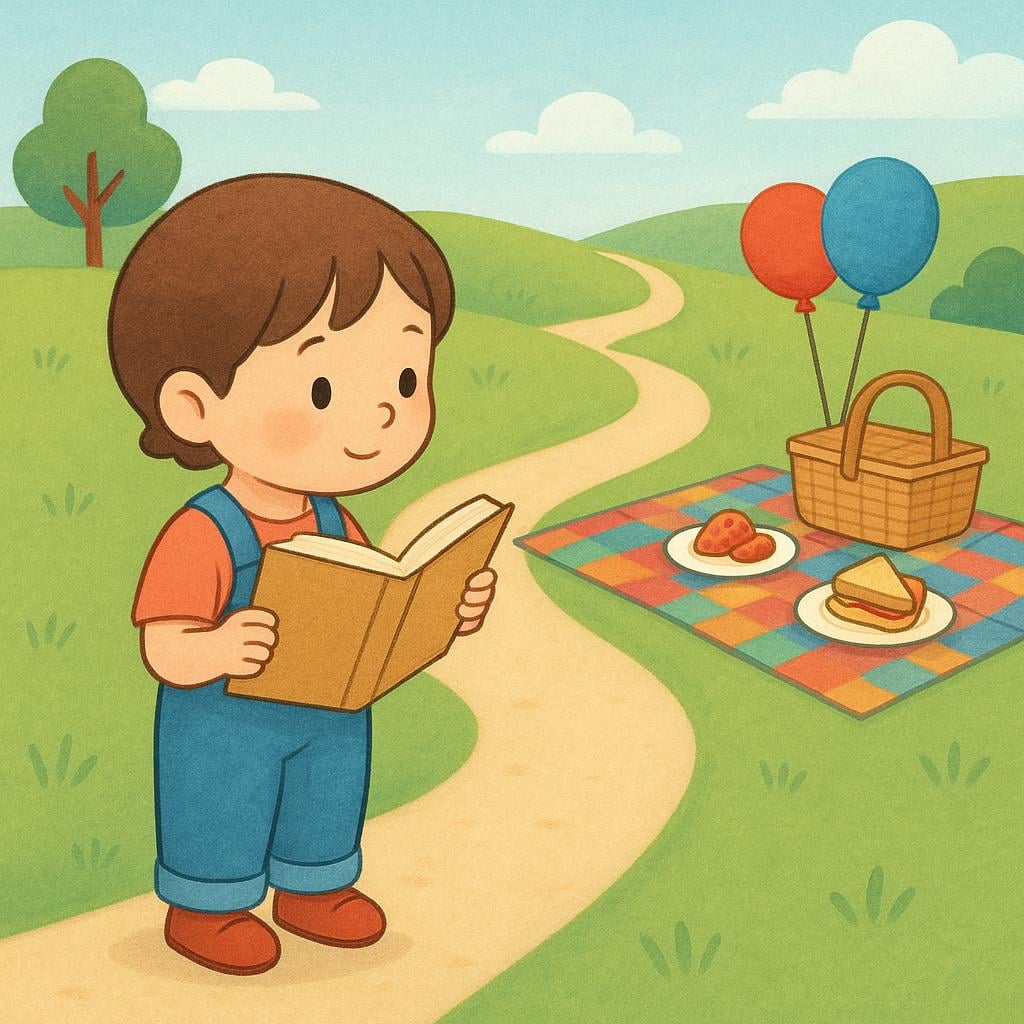 A child standing outside on a sunny day holding an open book, looking ahead at a path that clearly shows a small, colorful picnic blanket and basket waiting for them.