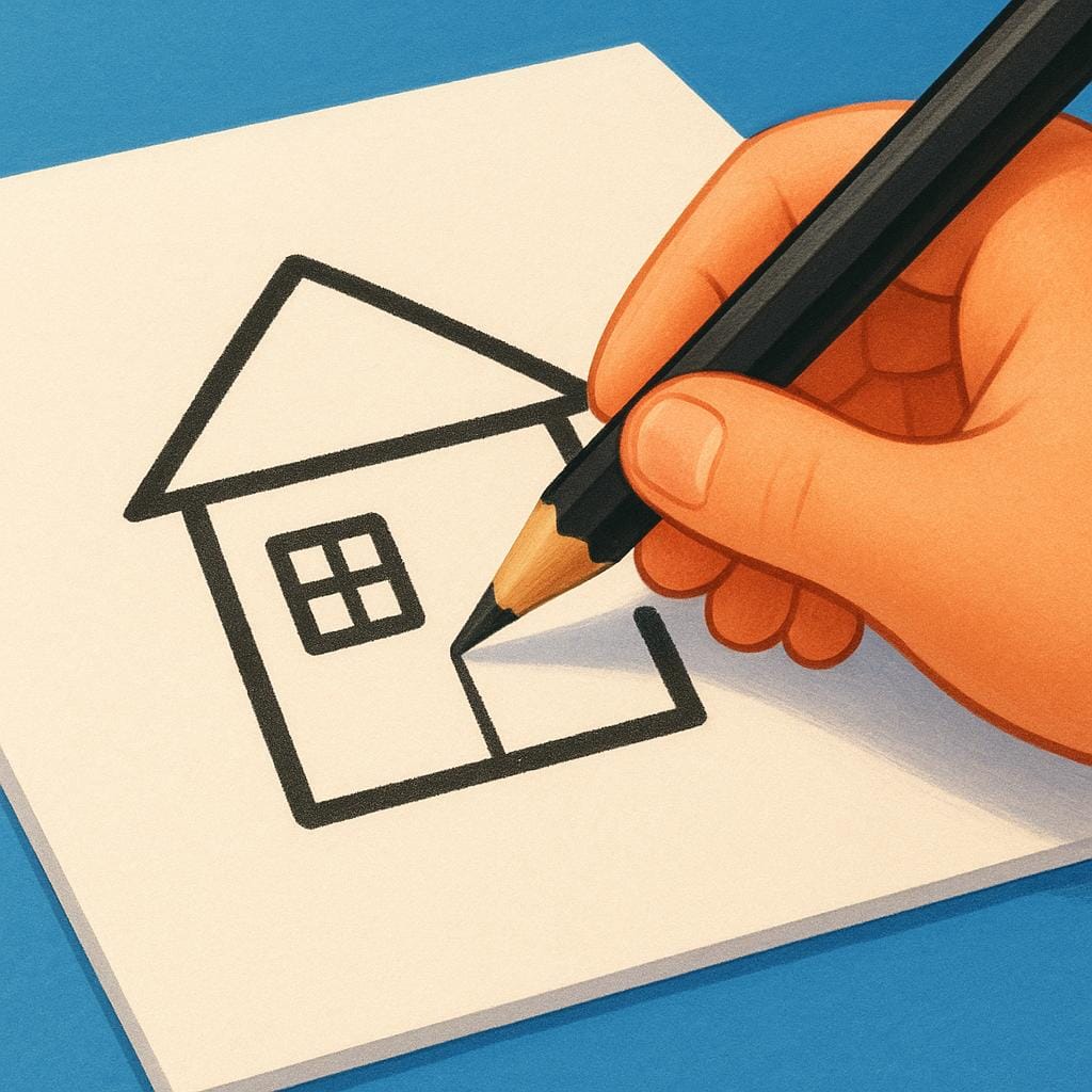 A close-up view showing a hand holding a pencil, actively sketching the outline of a simple house onto a blank sheet of paper.