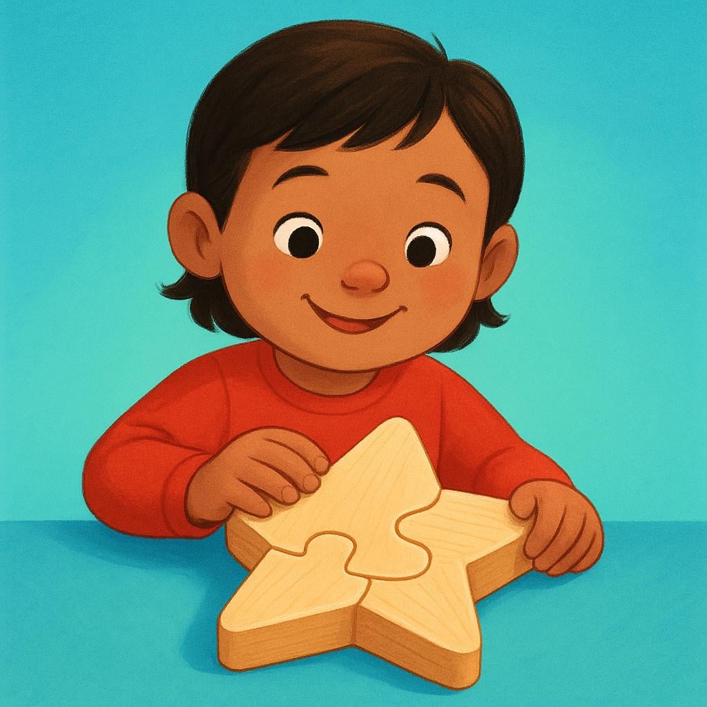 A colorful illustration showing a child smiling while easily placing the final, large piece into a three-piece wooden puzzle shaped like a star, symbolizing something easy to do.
