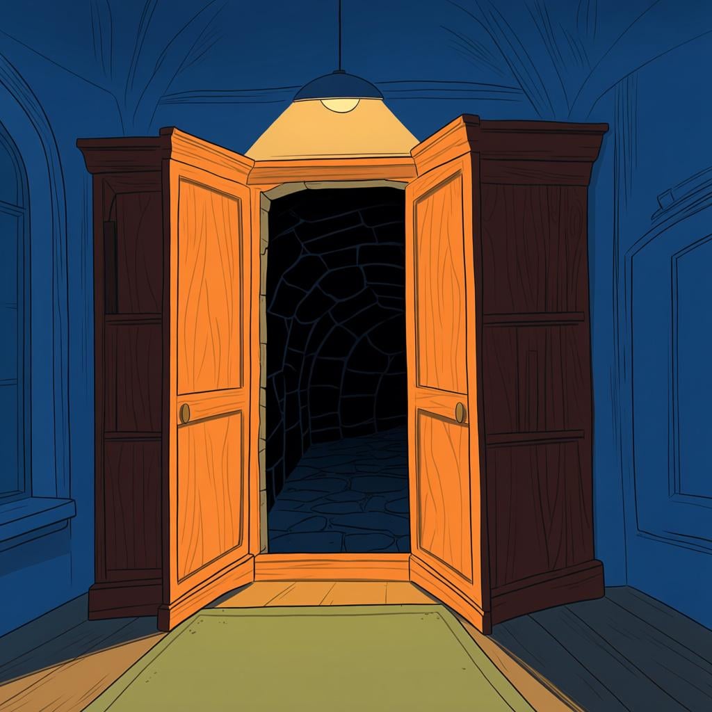 A detailed illustration of a large, heavy wooden bookshelf slightly pulled away from the wall, revealing a hidden, dark stone passage behind it.