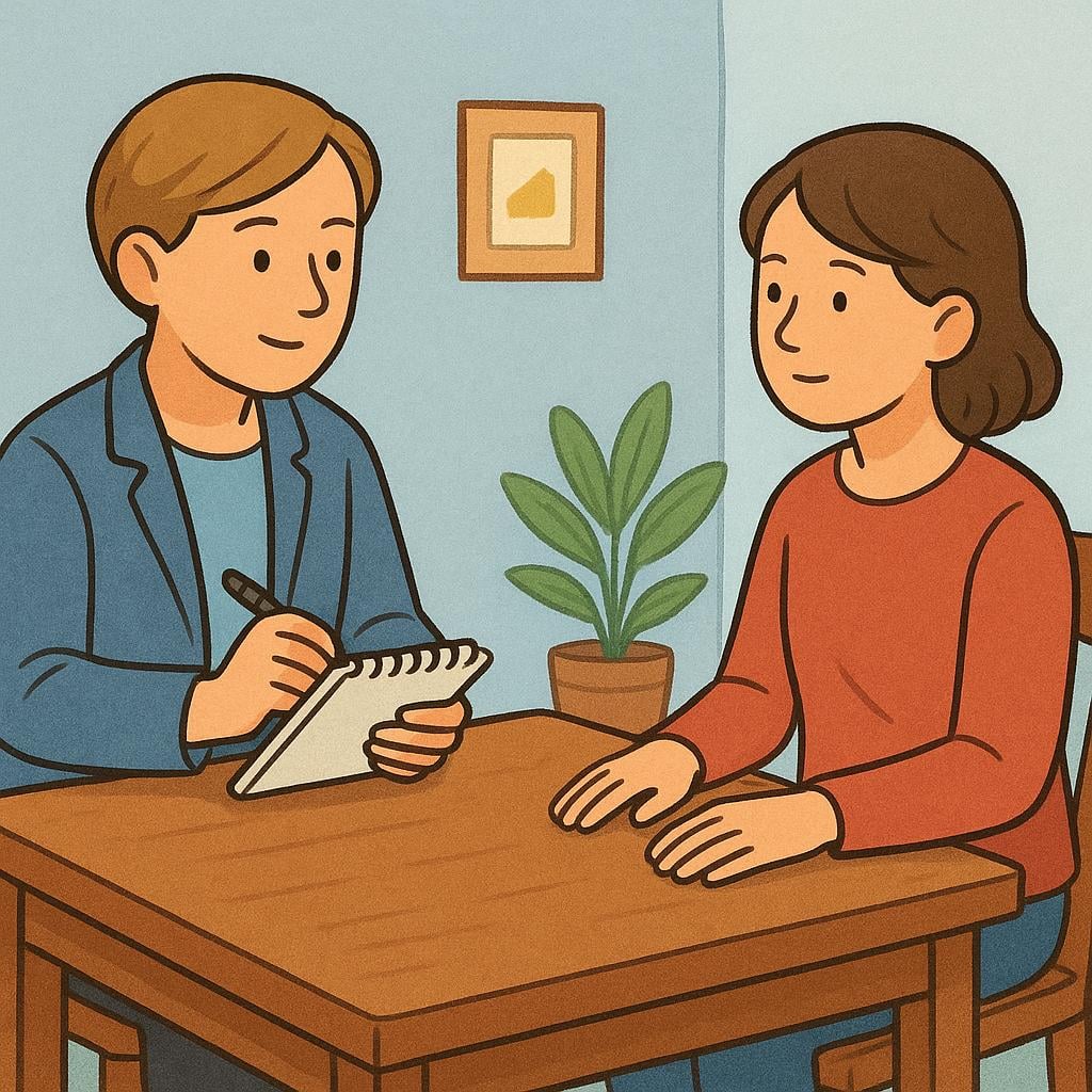 Two stylized figures seated across a plain wooden table in a simple room. One figure, representing authority, holds a notepad and pen, leaning slightly forward, questioning the other figure.