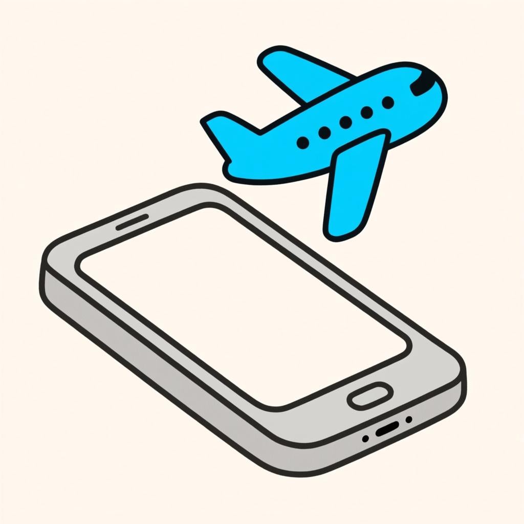 A simple, stylized rectangular device outline, representing a phone, with a small, bright blue airplane icon floating directly above it, indicating 'airplane mode' is active.