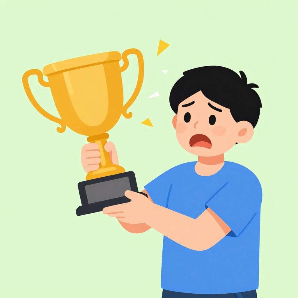 Une illustration d'une personne ayant l'air choquée et déçue tout en tenant un trophée qui s'effrite.