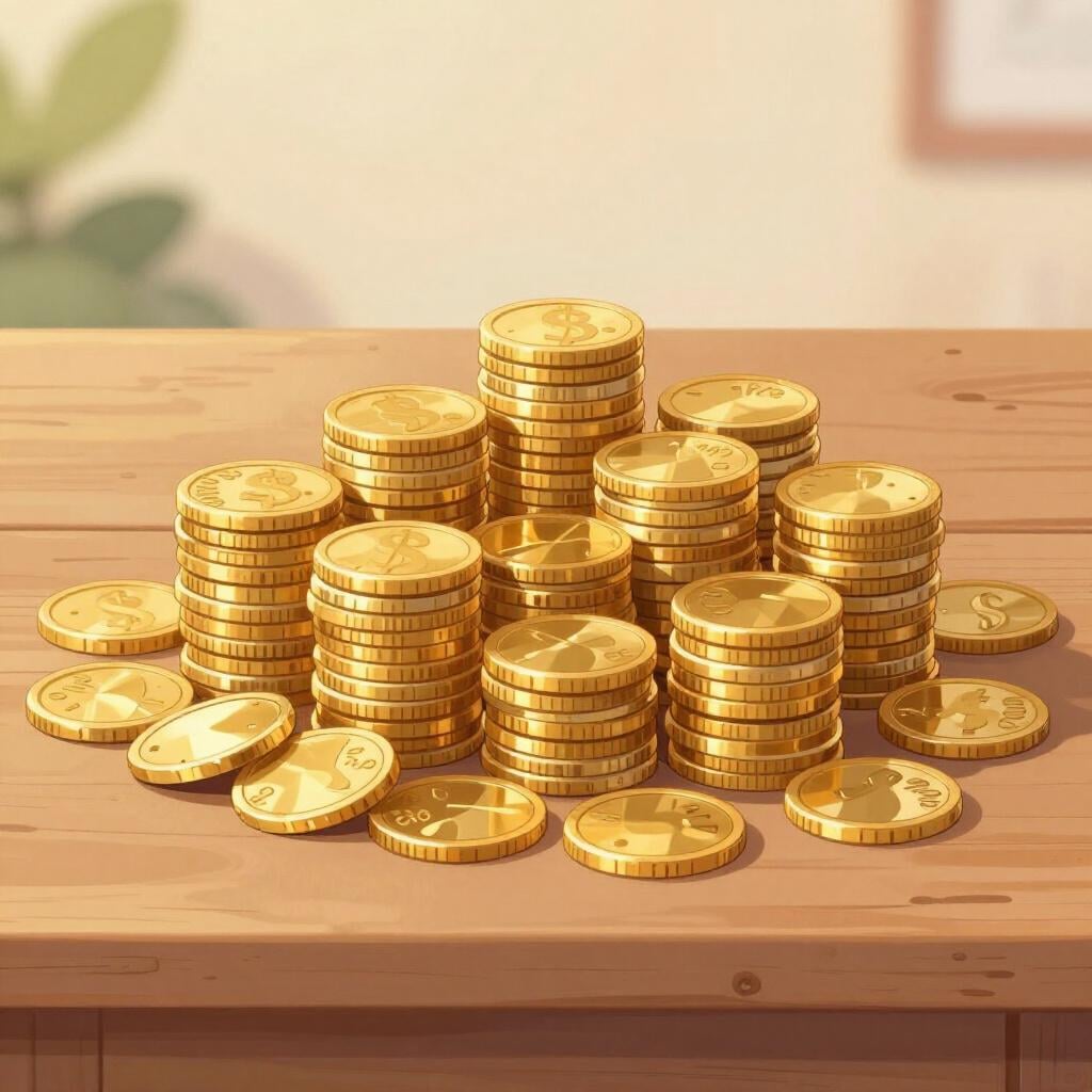 A large pile of golden coins stacked high on a wooden table.