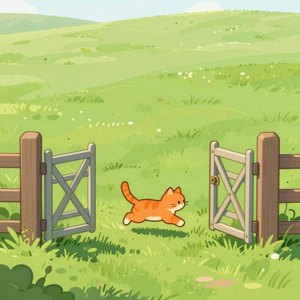A small orange cat running quickly through an open garden gate towards a green field.