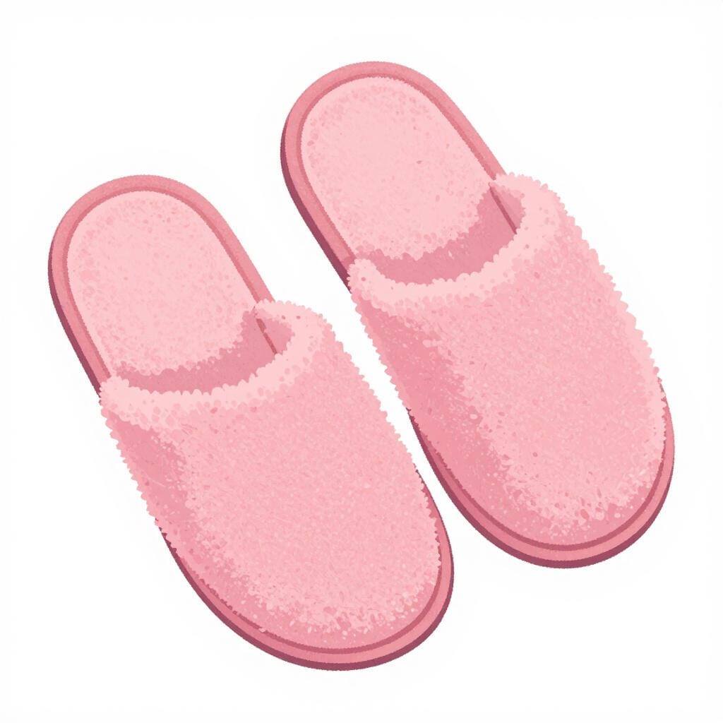 A pair of soft, fuzzy pink indoor slippers.
