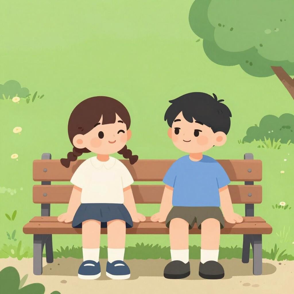 Two close friends sitting together, sharing a knowing smile and a wink.