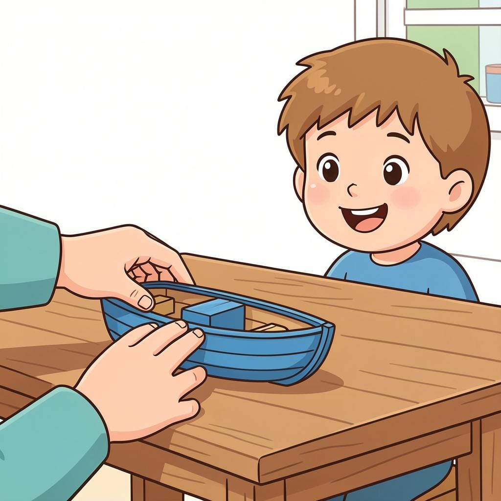 Two hands gently pushing a small wooden toy boat across a table toward a child.