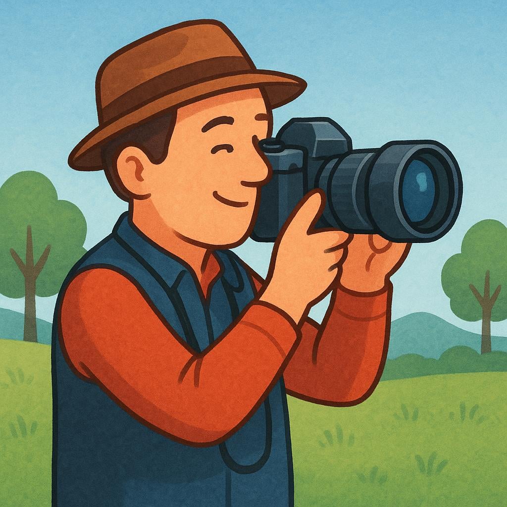 A man wearing a vest and hat, holding a large camera up to his eye, ready to take a picture outdoors.