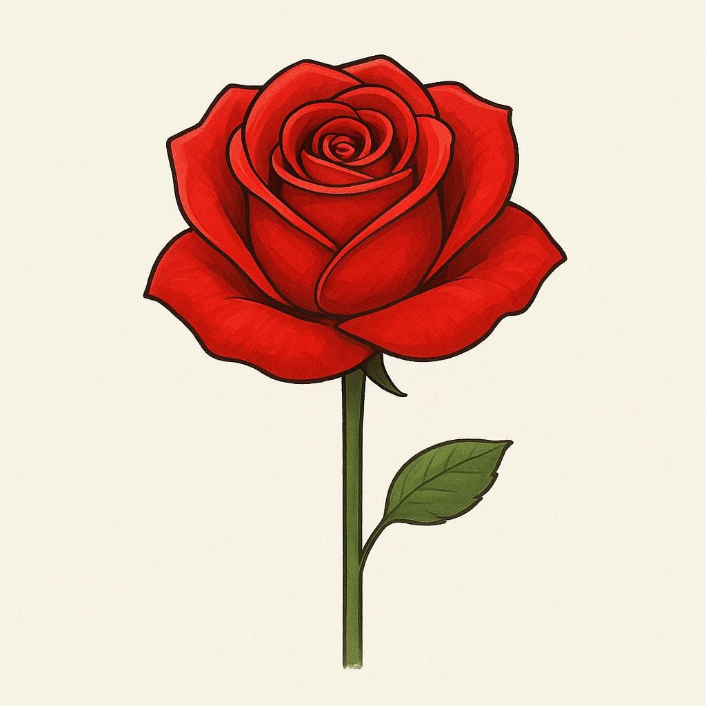 Uma única rosa vermelha vibrante, perfeitamente formada, assentada sobre um caule verde simples. A rosa é impecável e parece totalmente genuína.