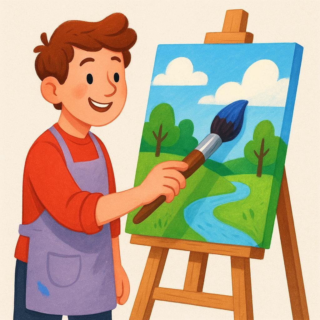 A smiling person holding a large paintbrush and actively painting a bright landscape on a canvas on an easel.