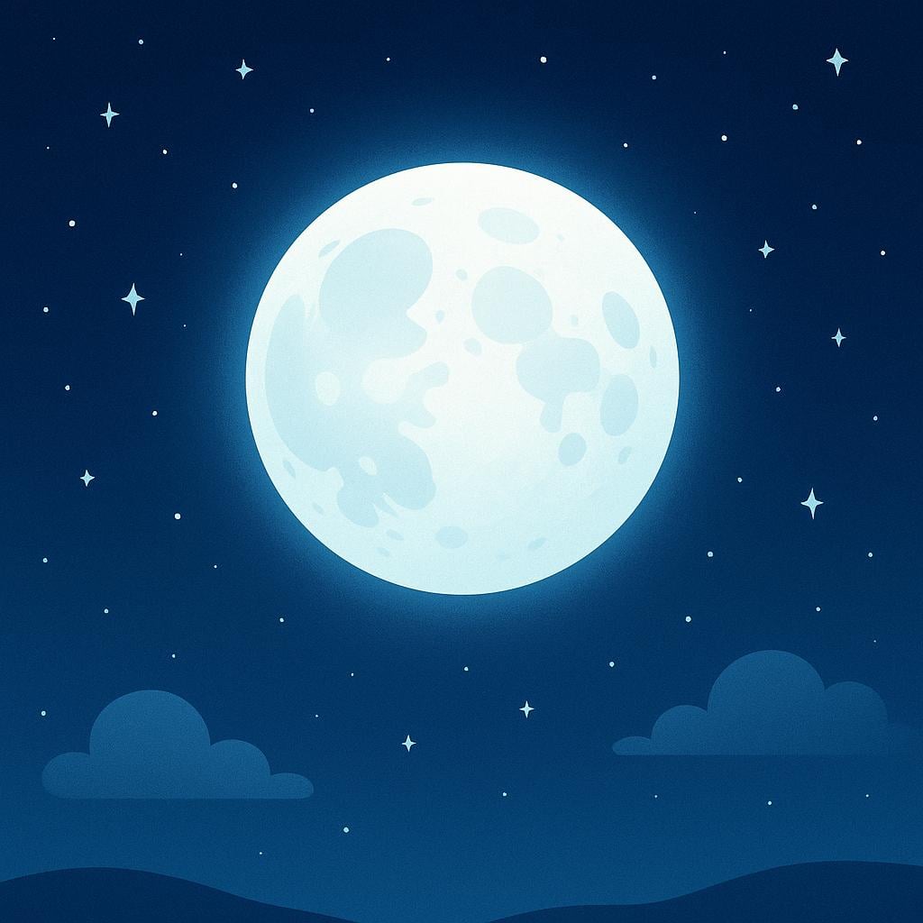 A large, brightly glowing full moon visible in a dark night sky, surrounded by distant stars.