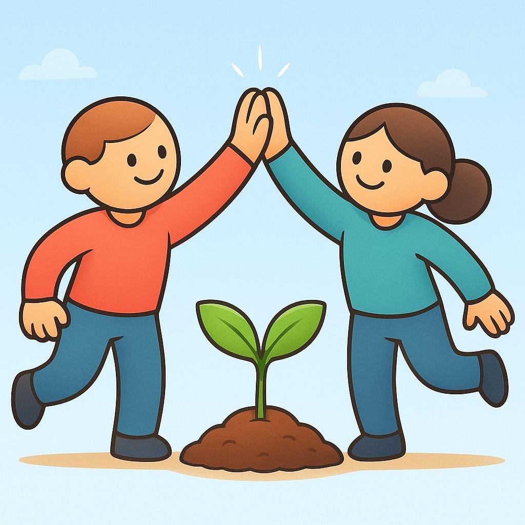 A simplified illustration of two smiling cartoon figures celebrating with a high-five next to a small, freshly planted, vibrant green seedling, symbolizing a successful plan.