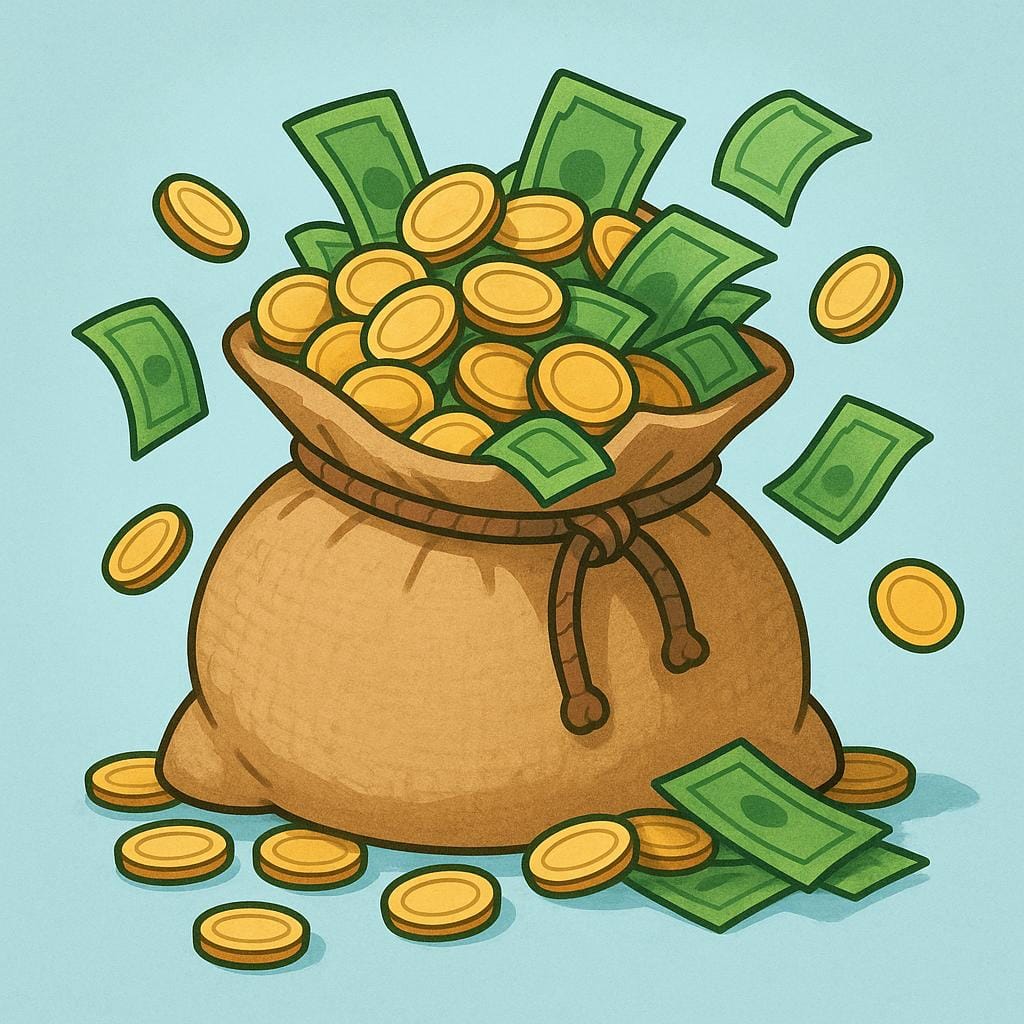 A burlap sack overflowing with generic gold coins and green paper bills.
