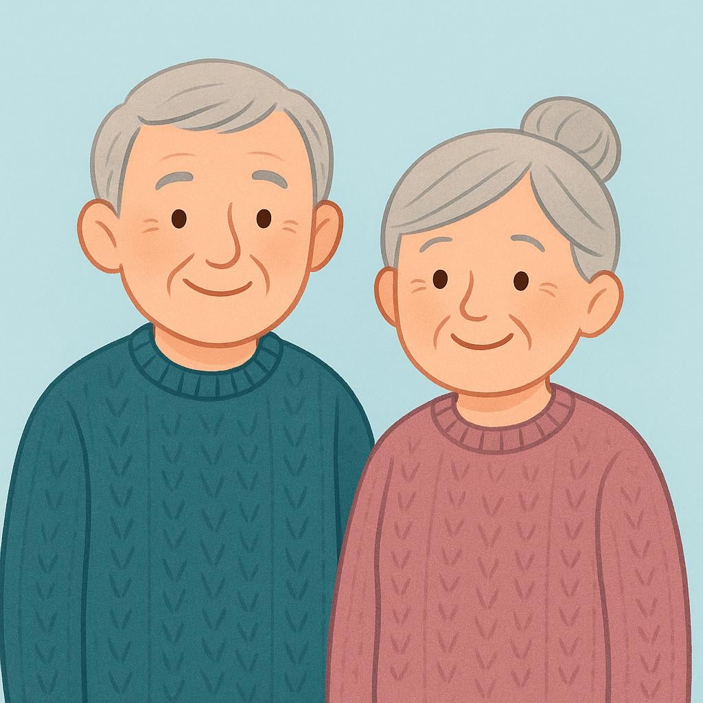An elderly man and an elderly woman standing together, smiling warmly.