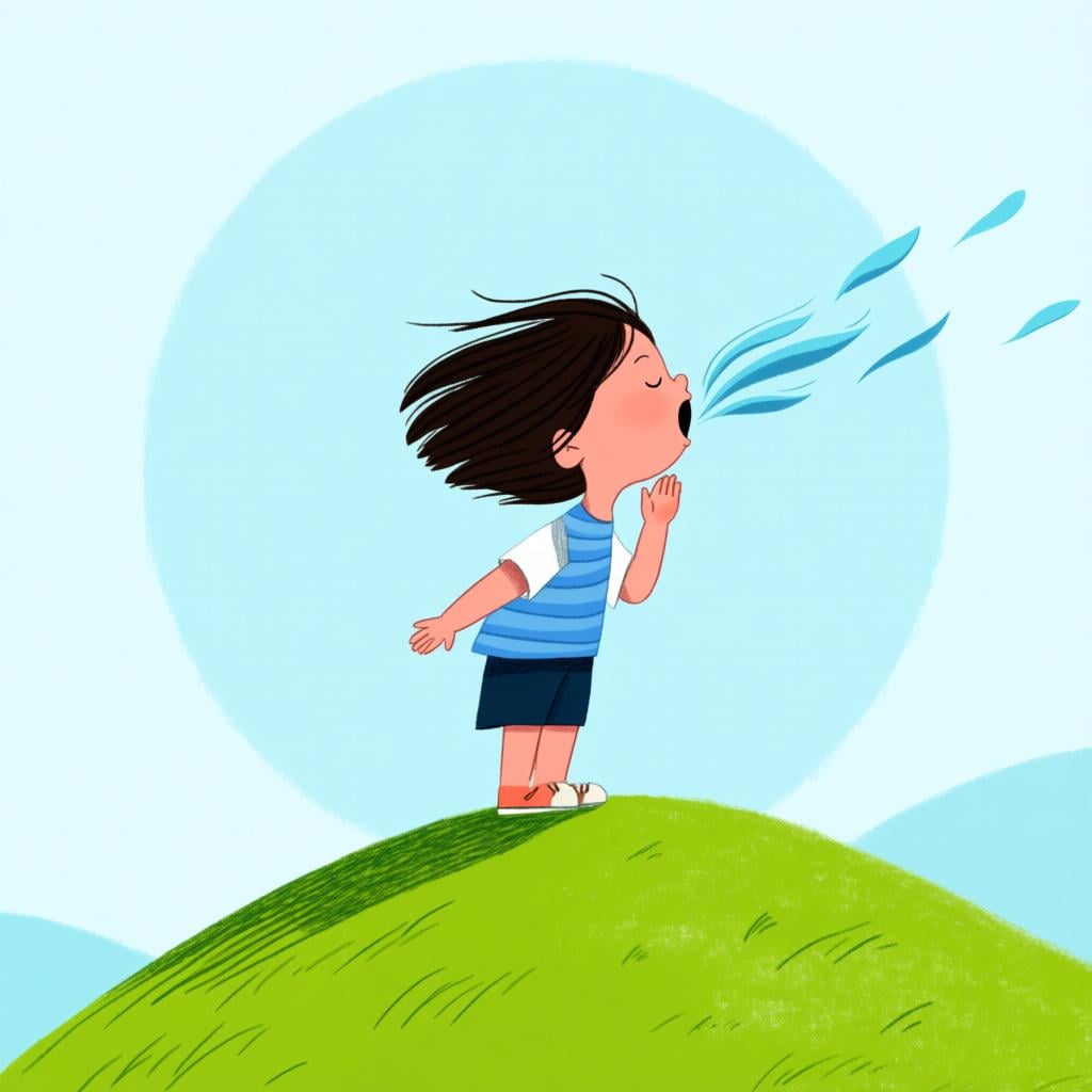 A happy child standing on a green hill, taking a deep breath of fresh air. A gentle, visible blue breeze flows past the child's face, slightly moving their hair.
