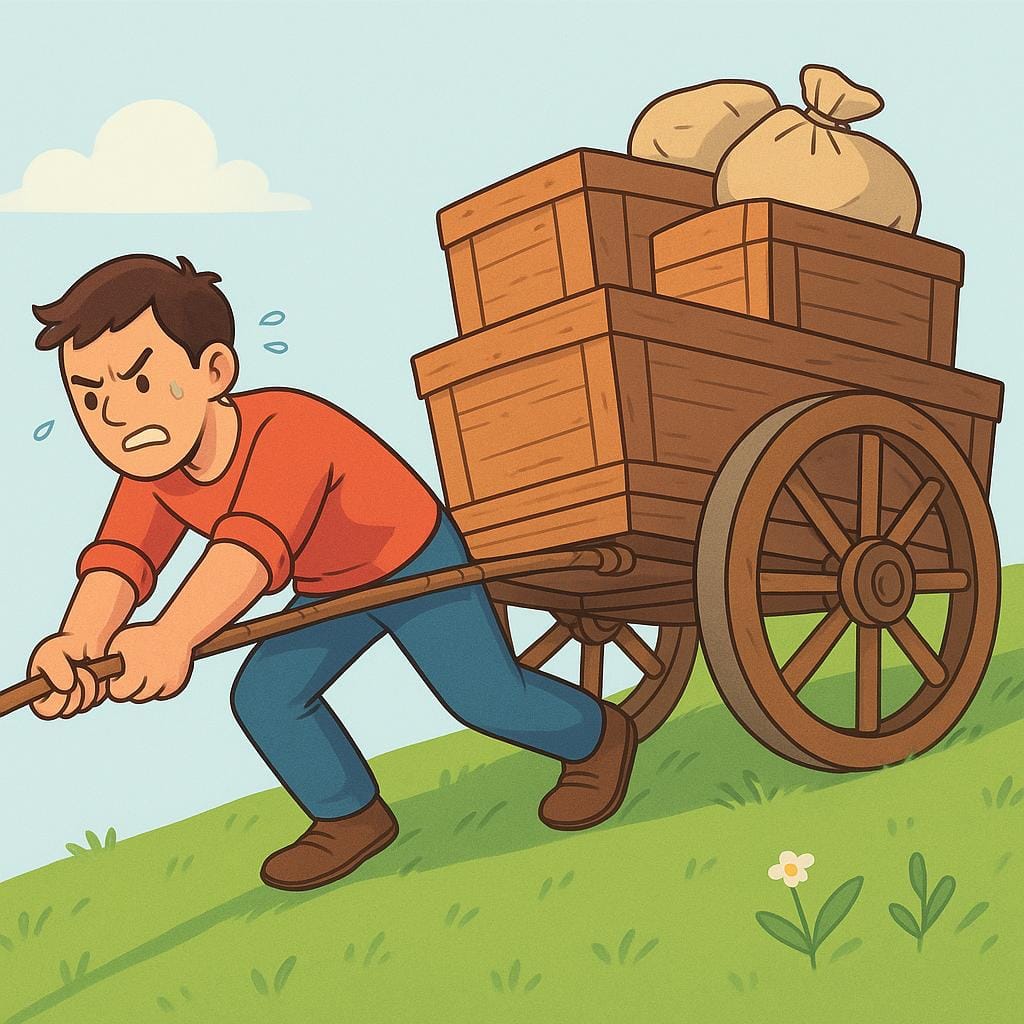 A determined child with sweat dripping, vigorously pulling a rope attached to a heavy sled piled high with colorful objects, showing extreme effort.