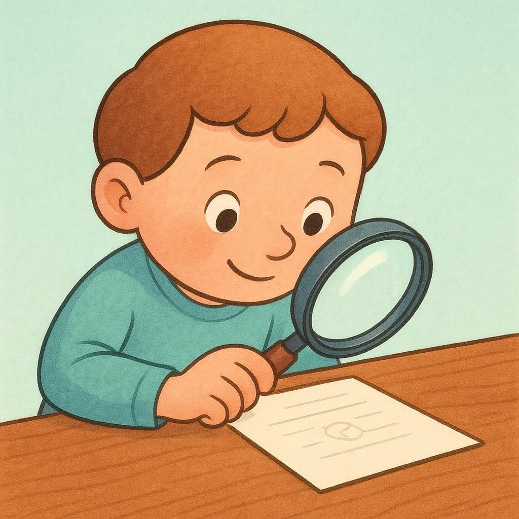 A simple storybook illustration of a character using a magnifying glass to carefully examine a document on a desk, representing the act of checking something.