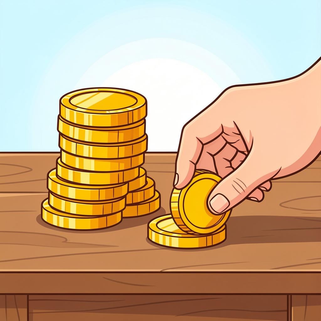 A stack of colorful coins and a hand holding a gold coin above a wooden table.